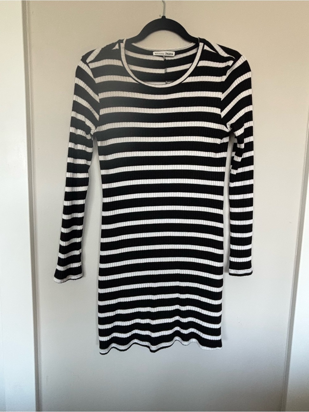 Reformation Black & White Striped Ribbed Long-Sleeve Dress